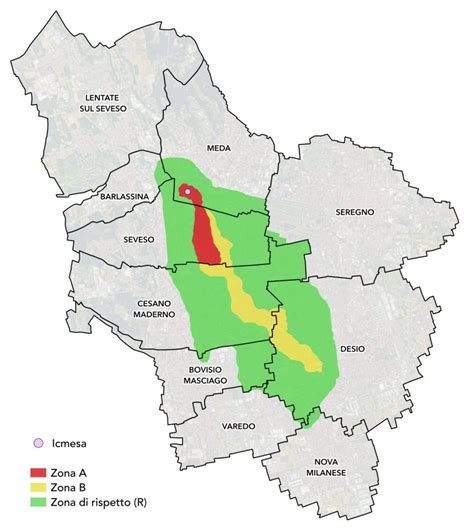 Mappa dell'area interessata dalla nube tossica di Seveso e suddivisione nelle zone di contaminazione A, B e R