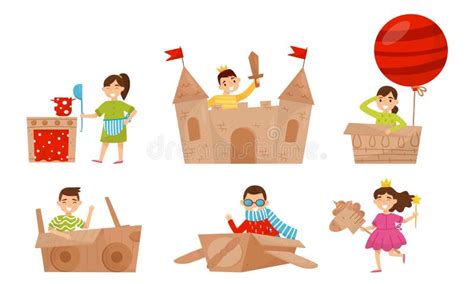 Bambini che giocano con oggetti di cartone in un ambiente moderno