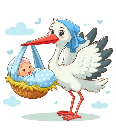 Una tenera illustrazione di una cicogna che porta un fagotto con un neonato in un ambiente natalizio innevato