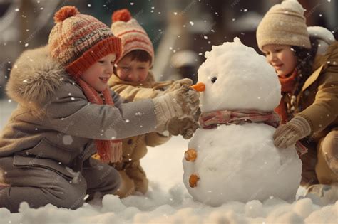 Bambini che costruiscono un pupazzo di neve