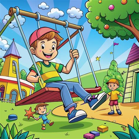 bambino che gioca felicemente su un'altalena in un giardino soleggiato