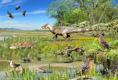 Un ecosistema preistorico con vari dinosauri e vegetazione