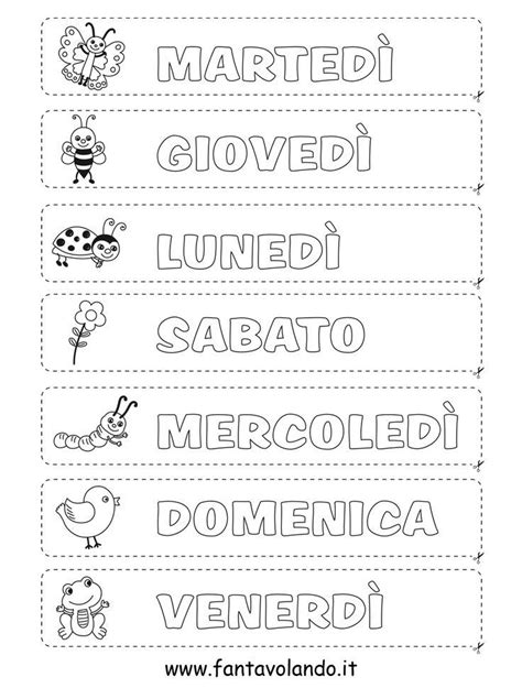 carte illustrate dei giorni della settimana per bambini da colorare e ritagliare