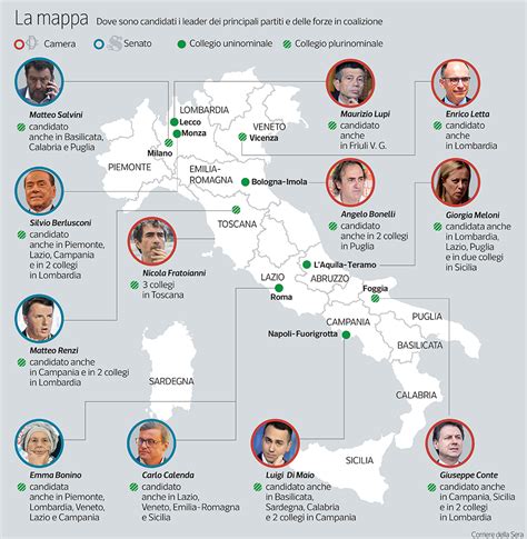 Mappa dell'Italia con le sedi dei principali partiti politici