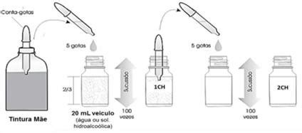 Diagram illustrating the process of homeopathic dilution and succussion