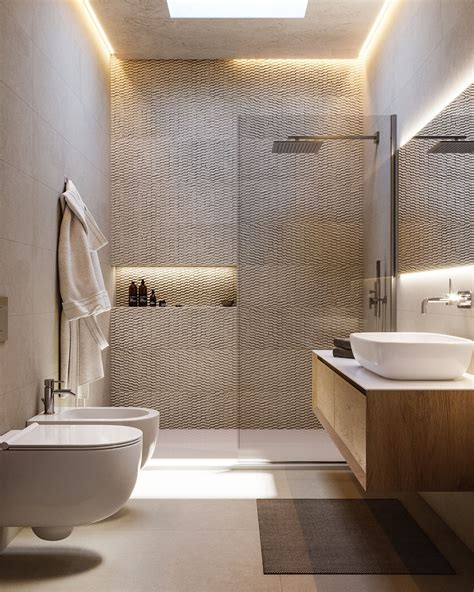 Rendering di un bagno moderno e funzionale con elementi di design