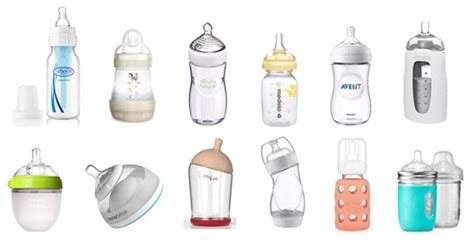 Various types of baby bottles (glass, plastic, silicone)