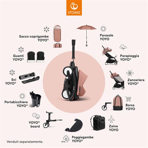 Collezione di accessori Stokke YOYO3, tra cui ombrellino parasole, borsa passeggino e adattatori