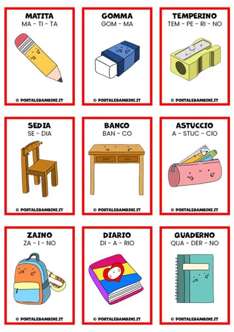 set di flashcard didattiche con immagini di matite, gomme, colla e forbici