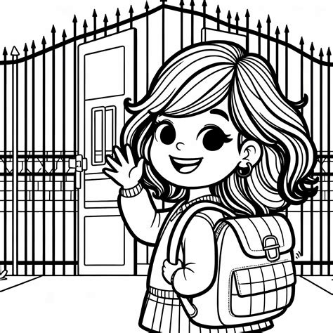 bambino felice con zaino davanti al cancello di una scuola colorata