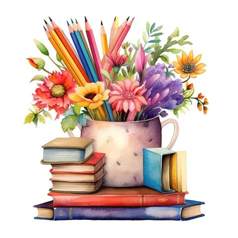 illustrazione astratta di libri, matite e banchi che prendono vita in una fiaba
