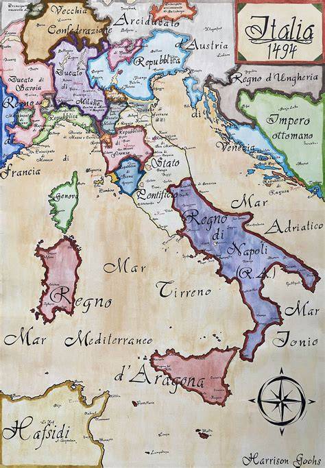 Mappa dell'Italia rinascimentale con le corti frequentate da Baldassarre Castiglione