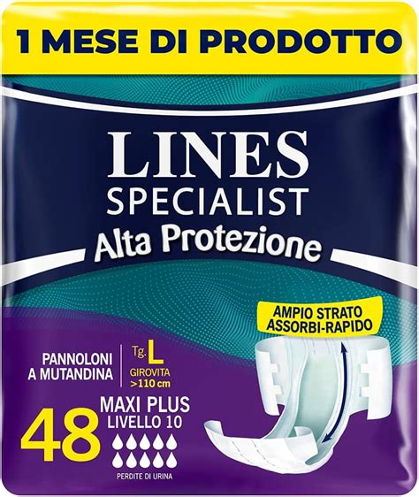 Schema anatomico di un pannolone Lines Specialist con dettagli sulle barriere e il nucleo assorbente