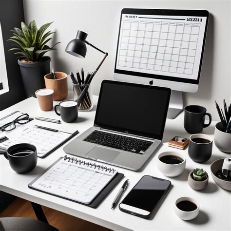 una scrivania organizzata con un'agenda e una tazza di caffè