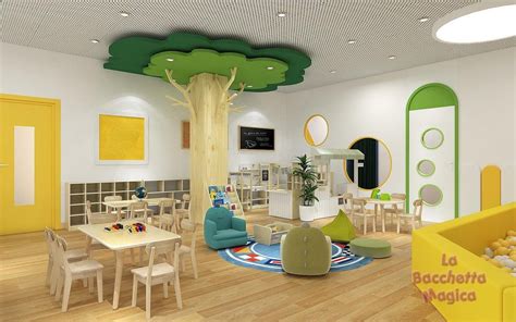 Interno di un nido d'infanzia luminoso e accogliente con giochi