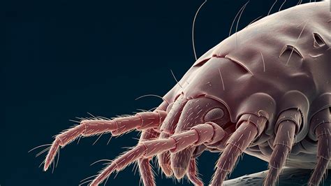 rappresentazione microscopica di acari della polvere in un ambiente domestico