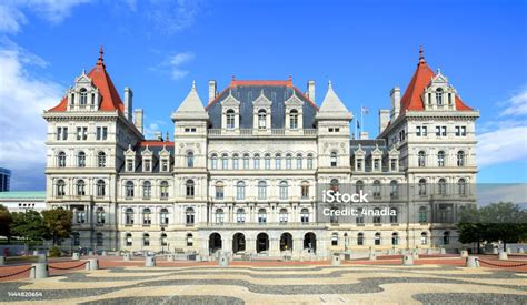 New York State Capitol building with Reproductive Health Act banner