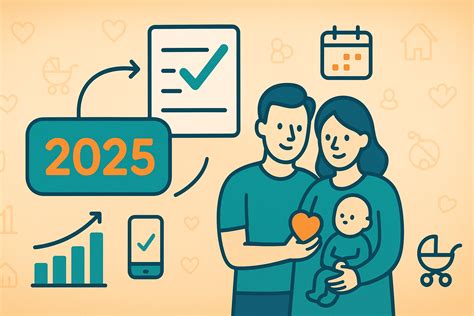 Illustrazione di una famiglia con un neonato, con simboli che rappresentano lavoro e legge