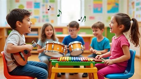 Children playing various musical instruments in a classroom setting