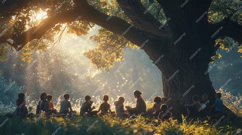 Children gathered around a storyteller, enchanted by a musical tale