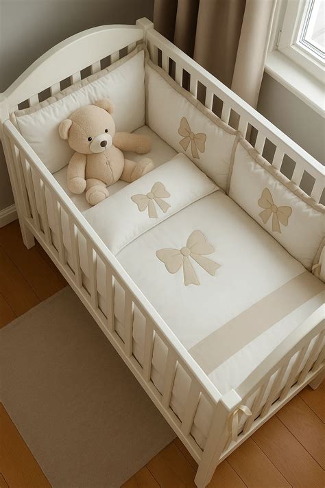 lettino per neonato con tessili color tortora e accessori coordinati