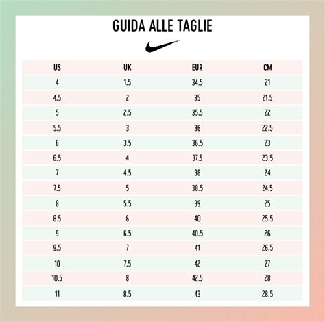 Tabella taglie Nike neonati illustrata