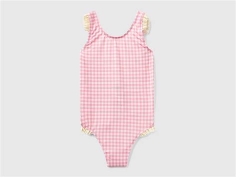 Costume intero da bambina a fantasia vichy con rouches