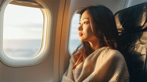 Donna incinta che guarda fuori dal finestrino di un aereo
