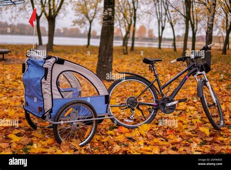 Famiglia in bicicletta con rimorchio per bambini
