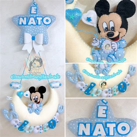 Dettaglio di un fiocco nascita Topolino con applicazioni ricamate