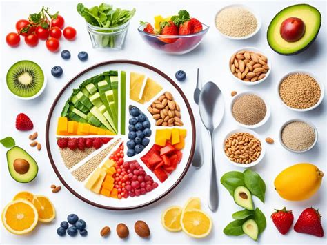 Illustrazione di una dieta equilibrata con frutta, verdura e cereali integrali