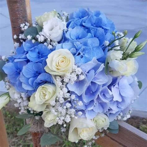 Bouquet di iris blu e ortensie
