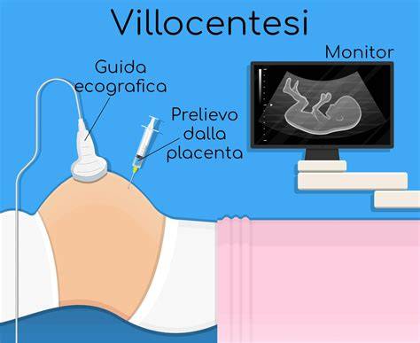 Diagramma della procedura di villocentesi, che mostra il prelievo dei villi coriali dalla placenta
