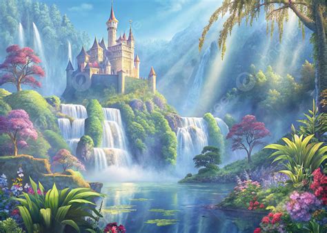 Veduta architettonica di un castello fiabesco immerso in un paesaggio incantato