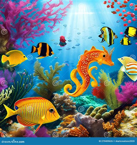 Illustrazione di pesci colorati e creature marine