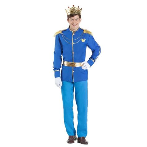 Illustrazione di un costume da Principe Azzurro classico con dettagli dorati e mantello blu