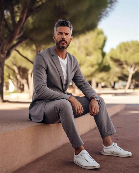 Uomo con completo e sneakers eleganti