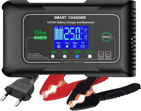 immagine di un caricabatterie elettronico moderno collegato a una batteria 6V 12Ah con indicatori di stato