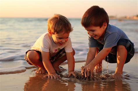 Bambini che giocano al mare con cappelli e magliette