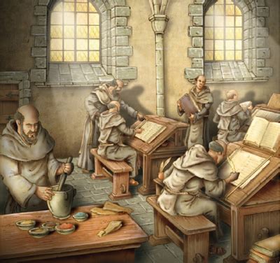 Monaci al lavoro in uno scriptorium medievale