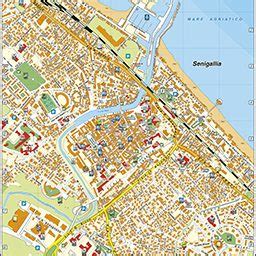 Mappa di Senigallia e delle aree circostanti con evidenziate le zone residenziali, il centro storico e le località vicine come Corinaldo e Marzocca.