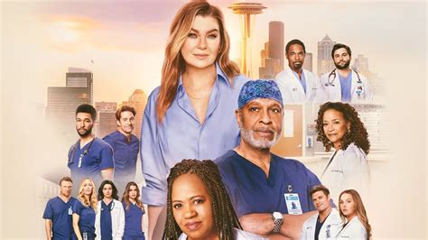 Un collage di volti dei principali personaggi di Grey's Anatomy in un'ambientazione ospedaliera