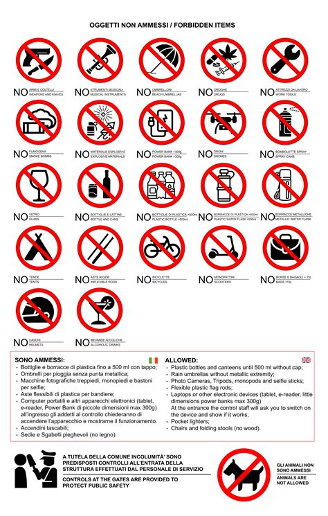 Segnaletica di oggetti vietati a un concerto