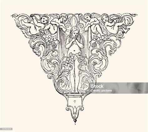 Illustrazione dettagliata di puttini e motivi ornamentali per ricamo
