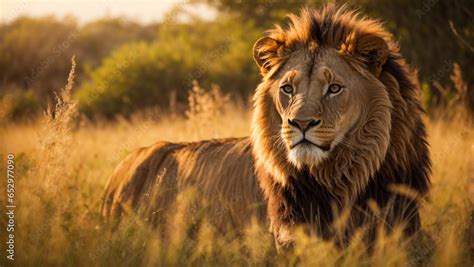 Il leone maschio nella savana con la sua imponente criniera
