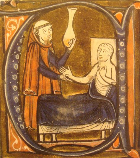 Uroscopia medievale: un medico esamina l'urina in un matraccio