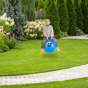 Bambino che salta su una palla gonfiabile con maniglia