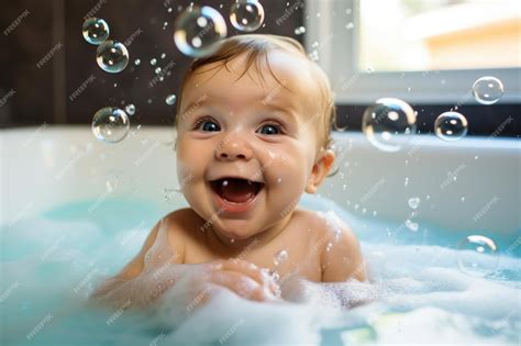 Baby enjoying bath time with bubbles