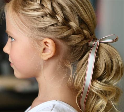 Bambina con due code di cavallo laterali decorate