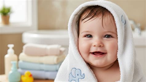 Baby wrapped in warm towel after bath